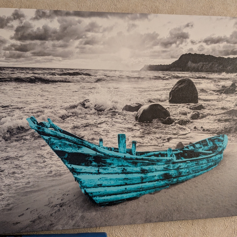 Tranquil Shores Art Print with Turquoise Boat